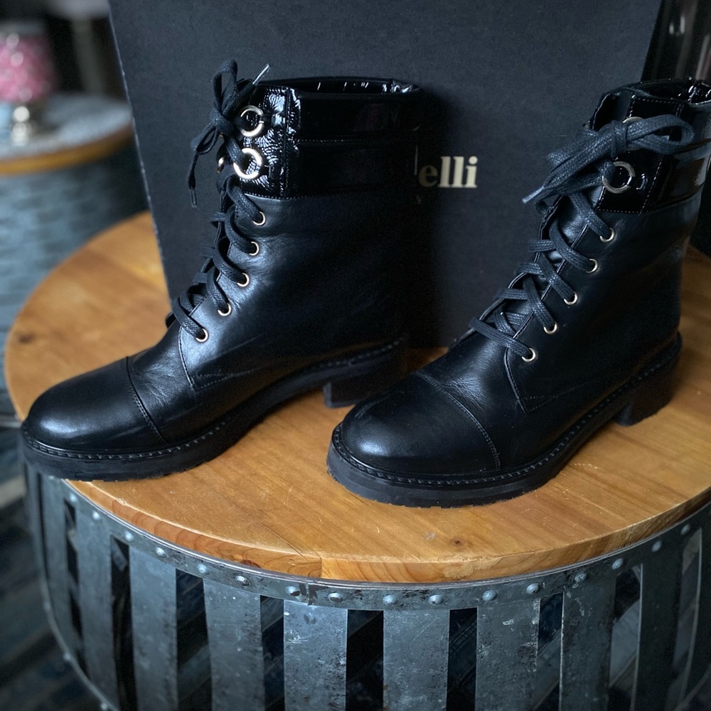FABIANELLI: Italian Leather Combat Boots/Combo Smooth with Patent Leather.